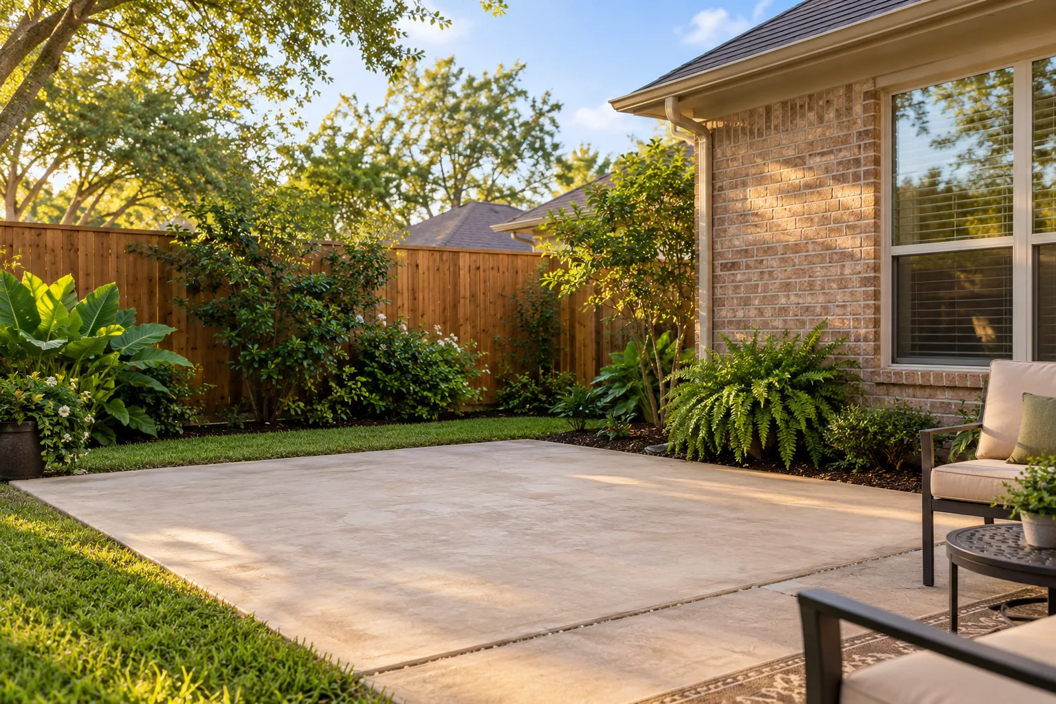 A clean backyard patio pad after a hot tub has been removed